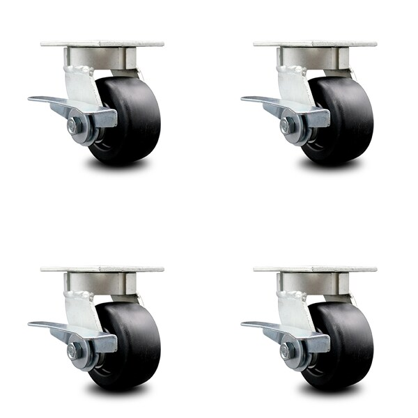 Service Caster 4 Inch Kingpinless Polyolefin Wheel Swivel Caster Set with Brakes SCC-KP30S420-POR-SLB-4 - main